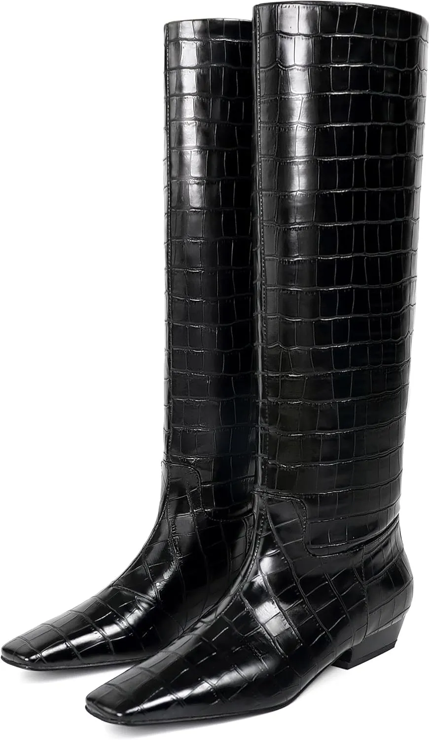 Knee High Boots for Women, Low Kitten Heel, Pull-on Block Heel, Square Toe, Flat Tall Riding Boots, Gogo Boots, Faux Leather