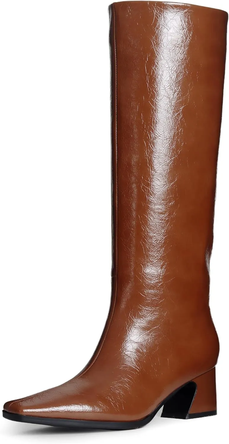 Knee High Boots for Women, Low Kitten Heel, Pull-on Block Heel, Square Toe, Flat Tall Riding Boots, Gogo Boots, Faux Leather