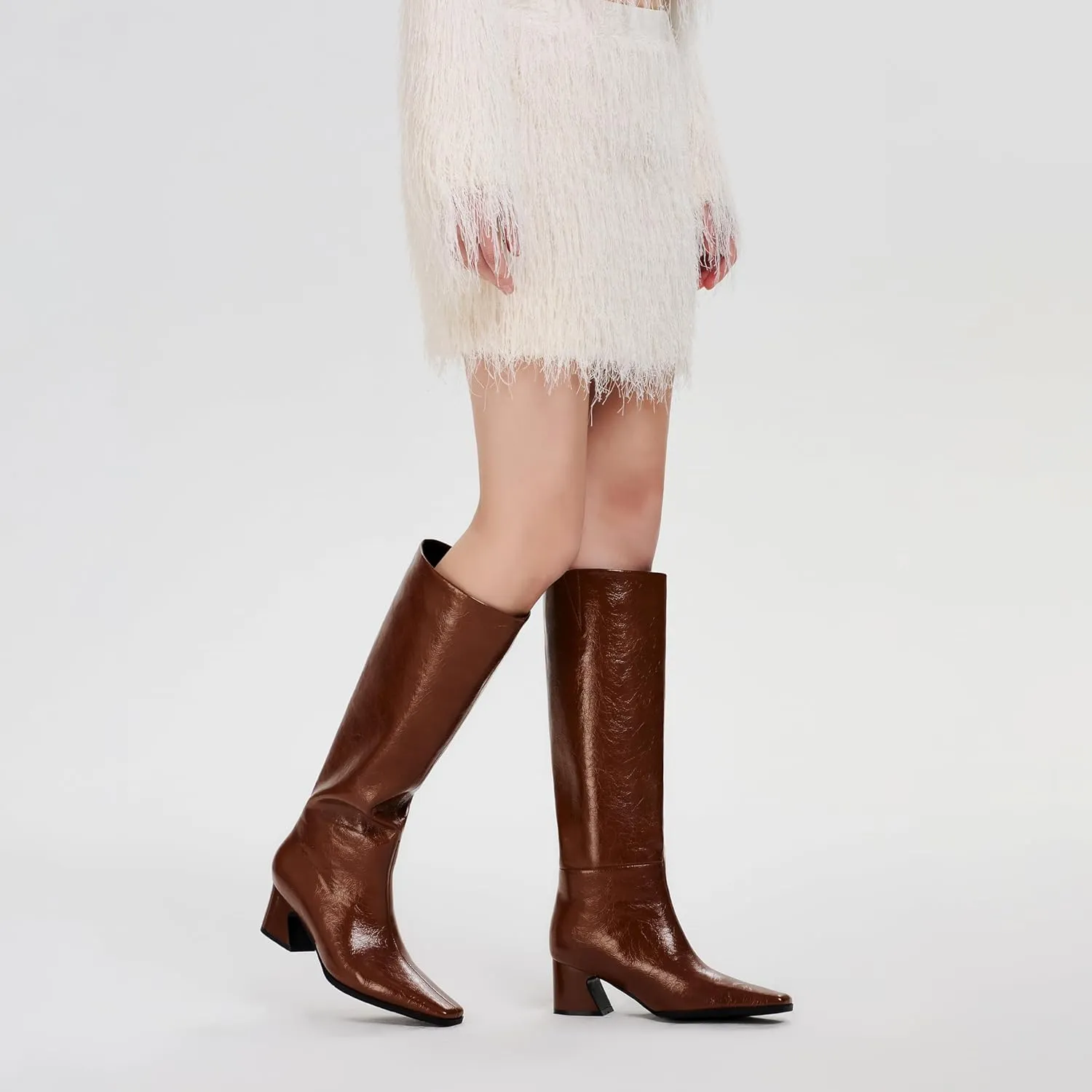 Knee High Boots for Women, Low Kitten Heel, Pull-on Block Heel, Square Toe, Flat Tall Riding Boots, Gogo Boots, Faux Leather