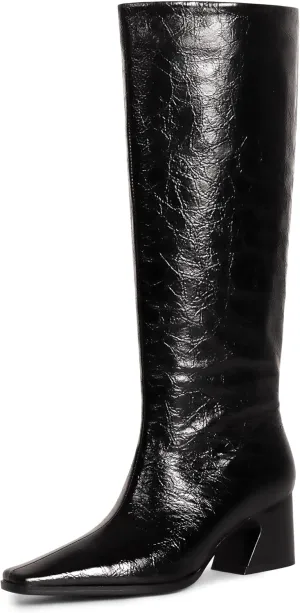 Knee High Boots for Women, Low Kitten Heel, Pull-on Block Heel, Square Toe, Flat Tall Riding Boots, Gogo Boots, Faux Leather