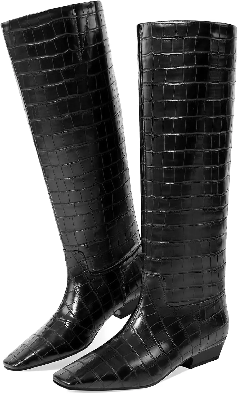 Knee High Boots for Women, Low Kitten Heel, Pull-on Block Heel, Square Toe, Flat Tall Riding Boots, Gogo Boots, Faux Leather