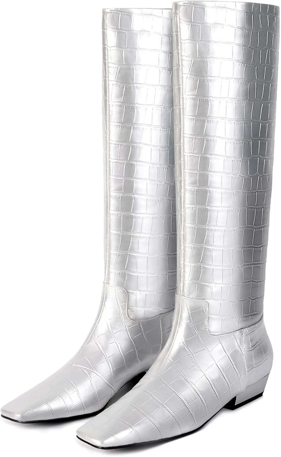 Knee High Boots for Women, Low Kitten Heel, Pull-on Block Heel, Square Toe, Flat Tall Riding Boots, Gogo Boots, Faux Leather