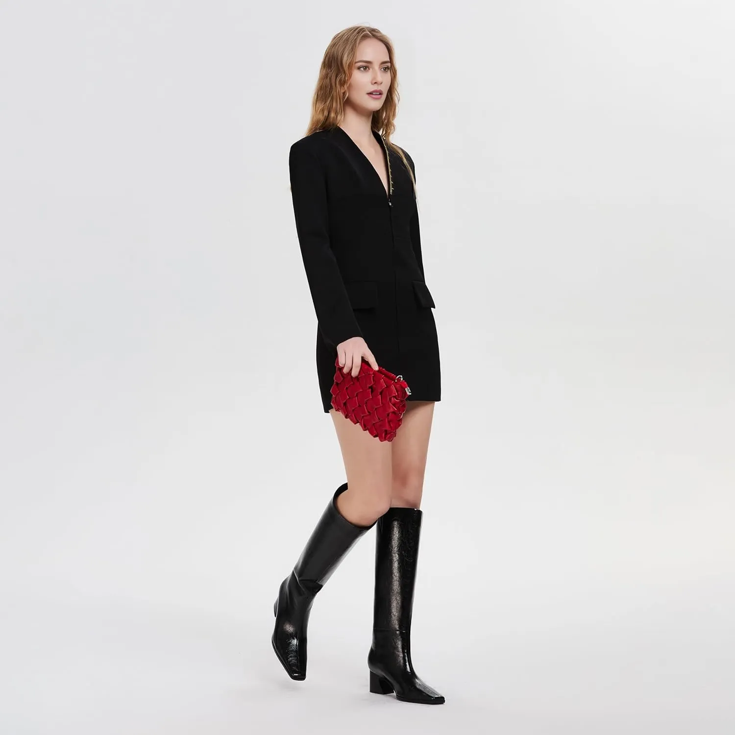 Knee High Boots for Women, Low Kitten Heel, Pull-on Block Heel, Square Toe, Flat Tall Riding Boots, Gogo Boots, Faux Leather