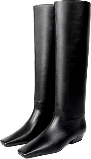 Knee High Boots for Women, Low Kitten Heel, Pull-on Block Heel, Square Toe, Flat Tall Riding Boots, Gogo Boots, Faux Leather