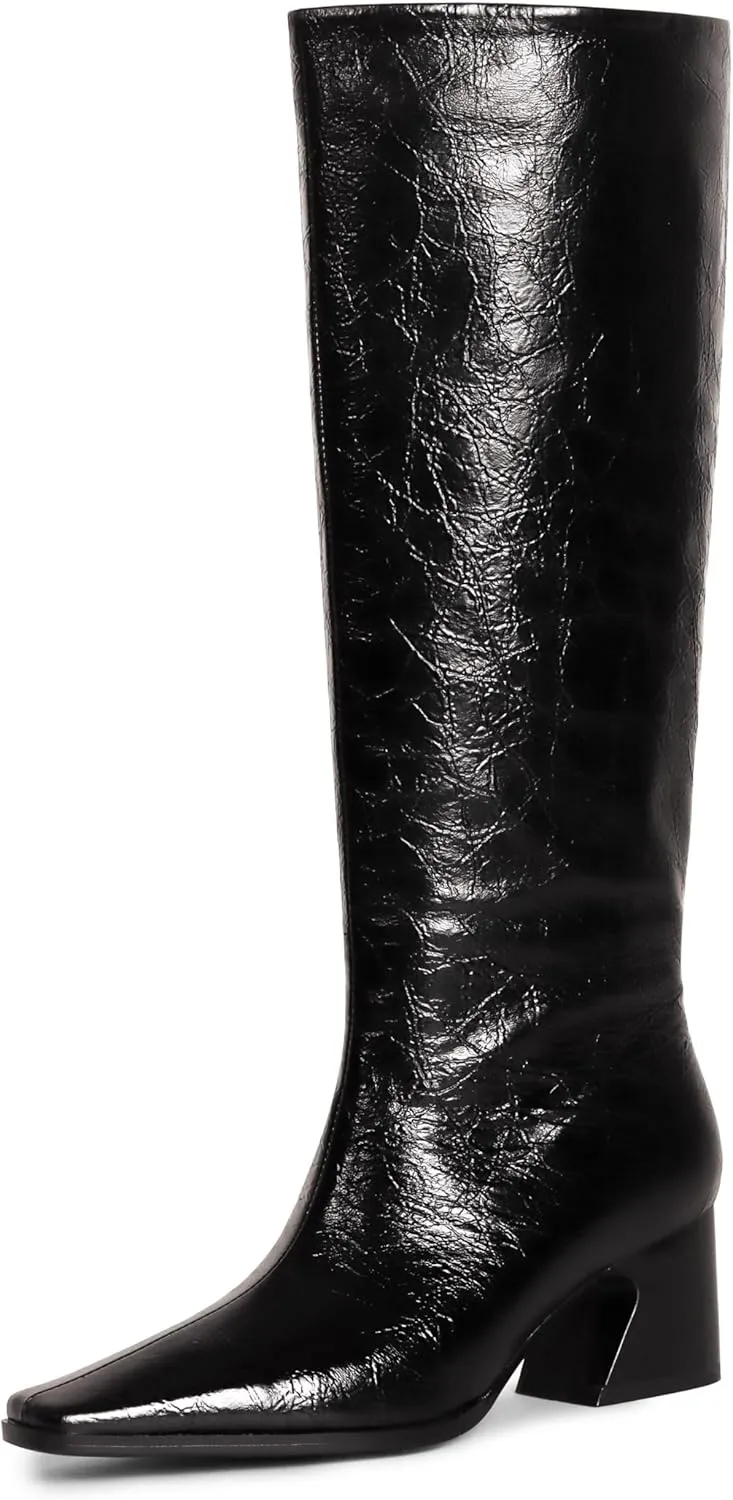 Knee High Boots for Women, Low Kitten Heel, Pull-on Block Heel, Square Toe, Flat Tall Riding Boots, Gogo Boots, Faux Leather