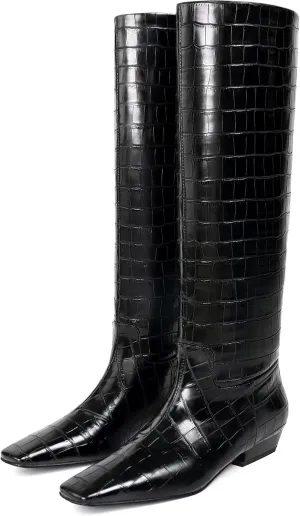 Knee High Boots for Women, Low Kitten Heel, Pull-on Block Heel, Square Toe, Flat Tall Riding Boots, Gogo Boots, Faux Leather