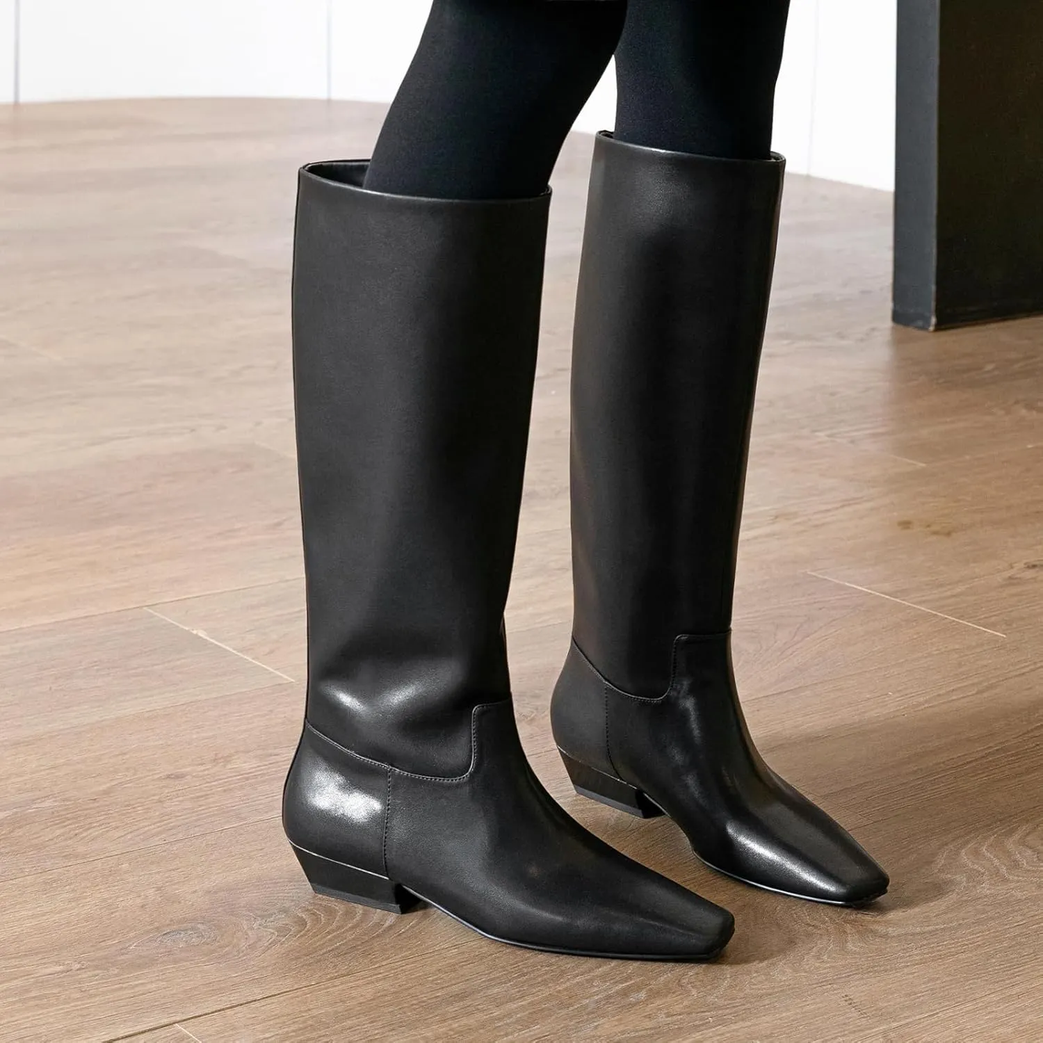 Knee High Boots for Women, Low Kitten Heel, Pull-on Block Heel, Square Toe, Flat Tall Riding Boots, Gogo Boots, Faux Leather