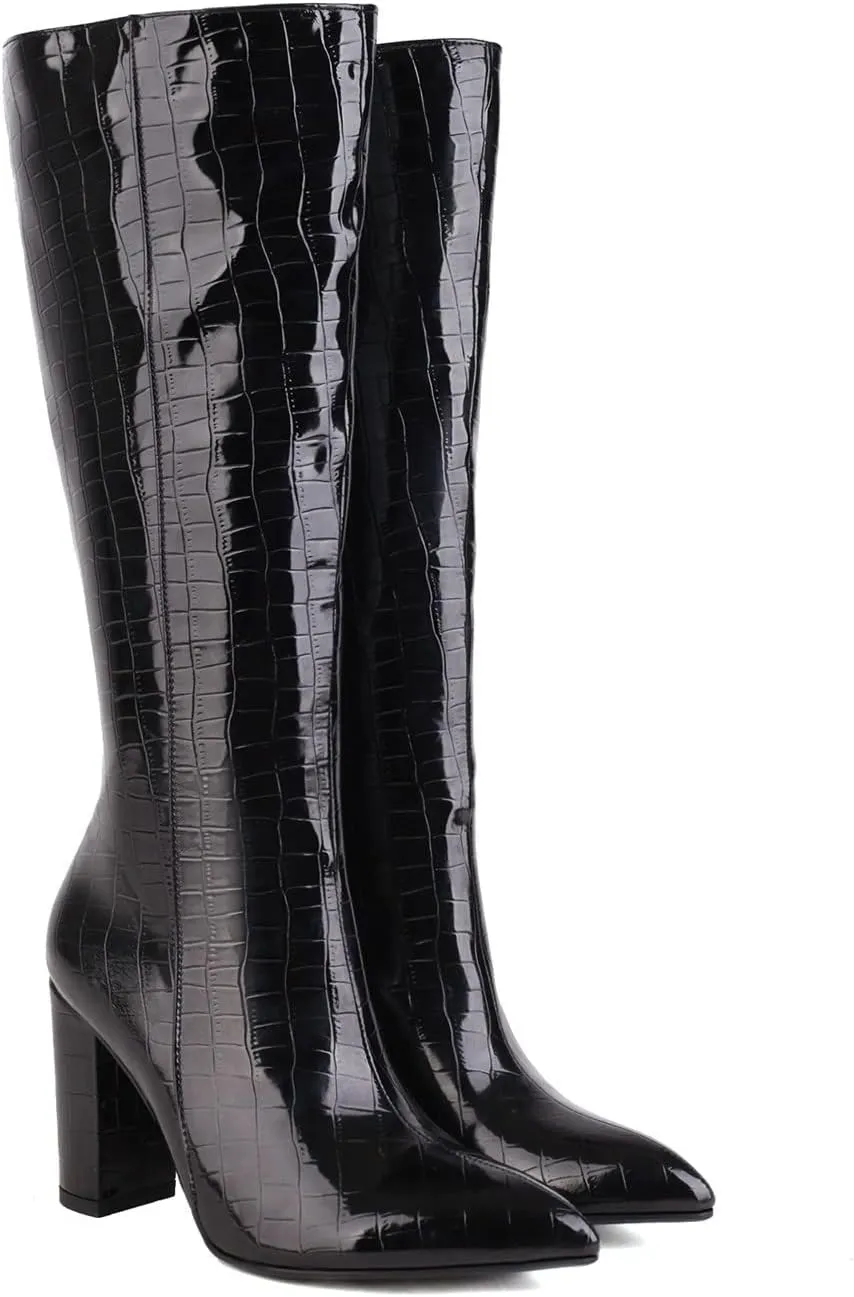 Knee High Boots for Women Tall Boots Long Boots Wide Calf High Boots Snake Skin Boots Chunky High Heel Faux Crocodile Boots Block Heel Pointed Toe Side Zipper Booties Comfy Casual Party Dress Shoes