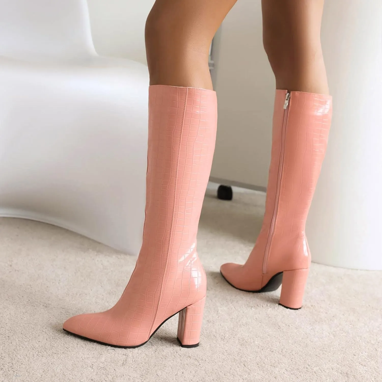 Knee High Boots for Women Tall Boots Long Boots Wide Calf High Boots Snake Skin Boots Chunky High Heel Faux Crocodile Boots Block Heel Pointed Toe Side Zipper Booties Comfy Casual Party Dress Shoes