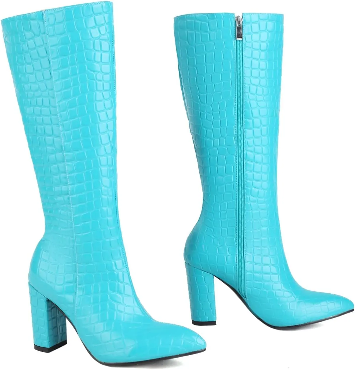 Knee High Boots for Women Tall Boots Long Boots Wide Calf High Boots Snake Skin Boots Chunky High Heel Faux Crocodile Boots Block Heel Pointed Toe Side Zipper Booties Comfy Casual Party Dress Shoes