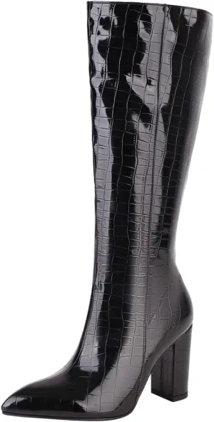 Knee High Boots for Women Tall Boots Long Boots Wide Calf High Boots Snake Skin Boots Chunky High Heel Faux Crocodile Boots Block Heel Pointed Toe Side Zipper Booties Comfy Casual Party Dress Shoes