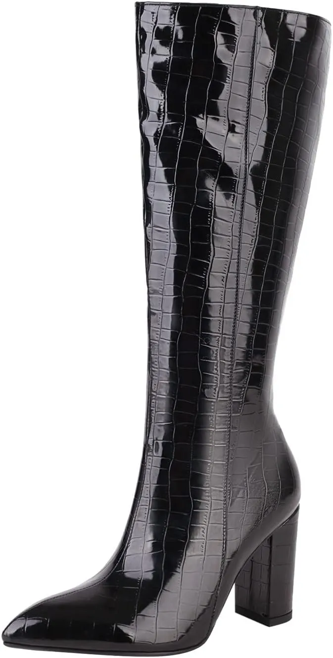 Knee High Boots for Women Tall Boots Long Boots Wide Calf High Boots Snake Skin Boots Chunky High Heel Faux Crocodile Boots Block Heel Pointed Toe Side Zipper Booties Comfy Casual Party Dress Shoes