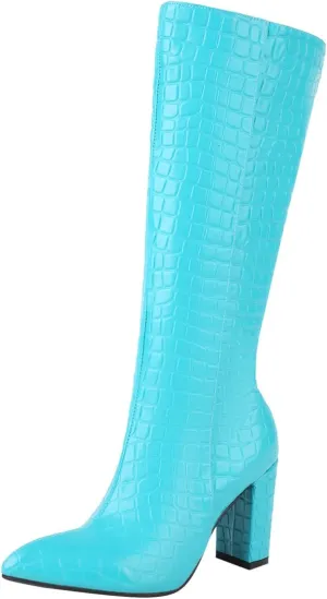 Knee High Boots for Women Tall Boots Long Boots Wide Calf High Boots Snake Skin Boots Chunky High Heel Faux Crocodile Boots Block Heel Pointed Toe Side Zipper Booties Comfy Casual Party Dress Shoes