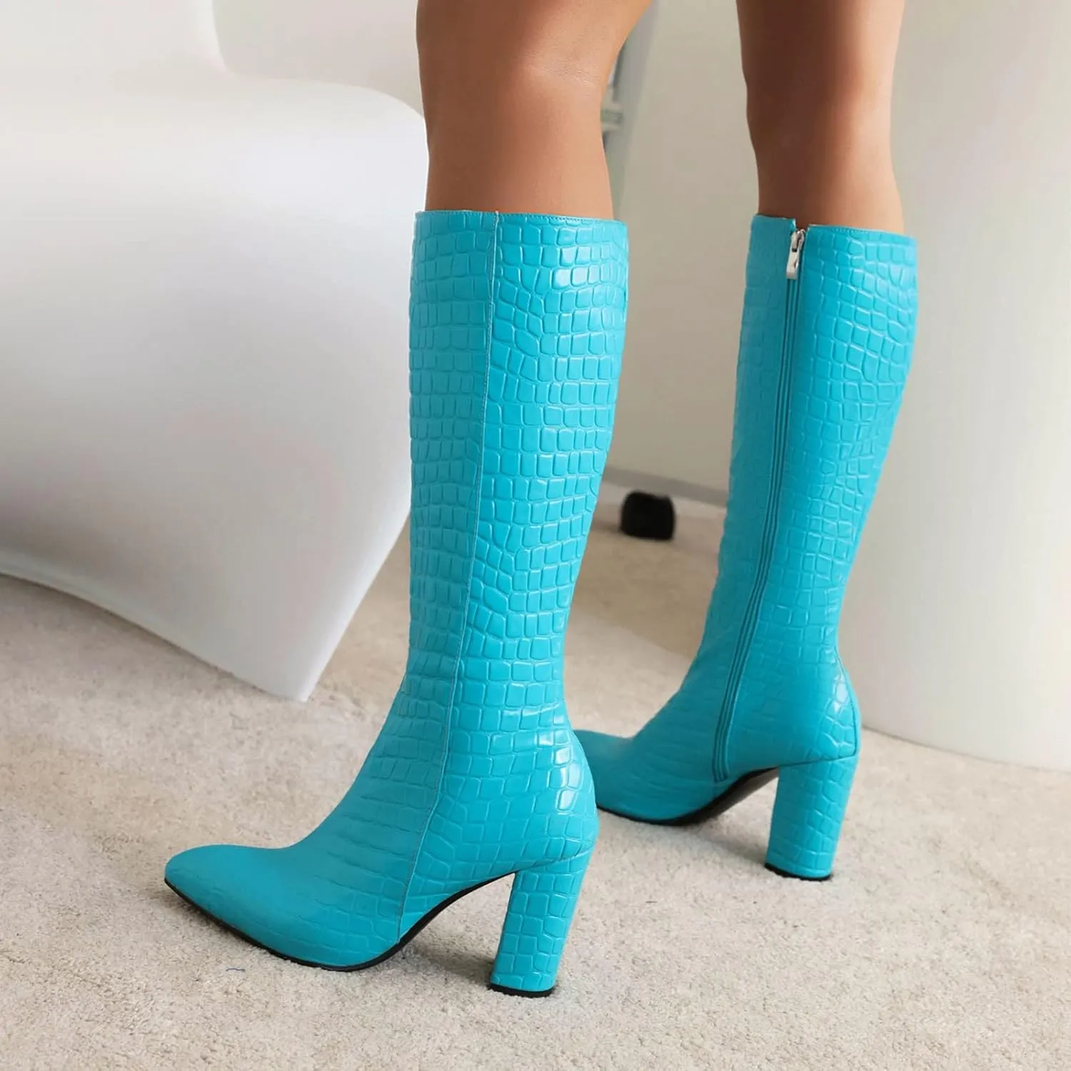 Knee High Boots for Women Tall Boots Long Boots Wide Calf High Boots Snake Skin Boots Chunky High Heel Faux Crocodile Boots Block Heel Pointed Toe Side Zipper Booties Comfy Casual Party Dress Shoes