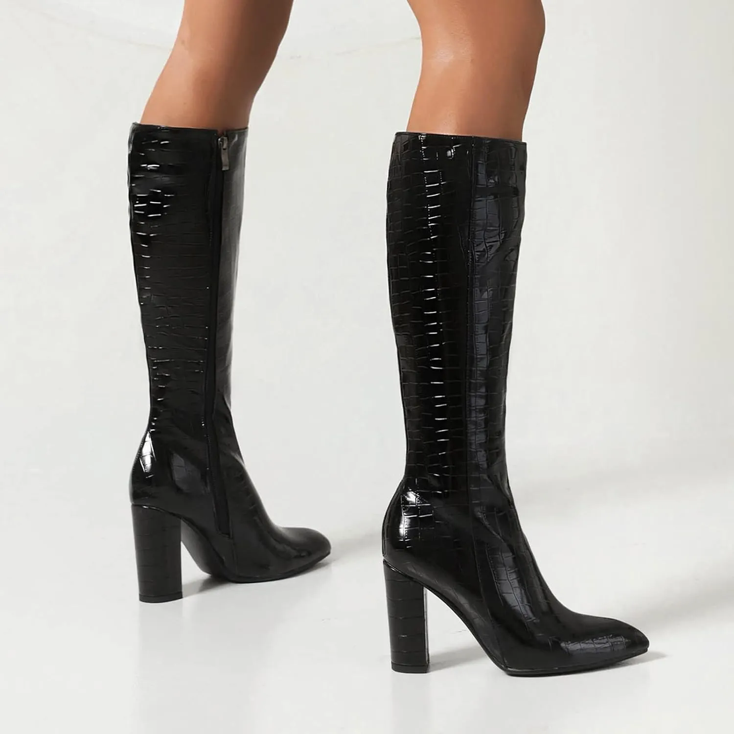 Knee High Boots for Women Tall Boots Long Boots Wide Calf High Boots Snake Skin Boots Chunky High Heel Faux Crocodile Boots Block Heel Pointed Toe Side Zipper Booties Comfy Casual Party Dress Shoes