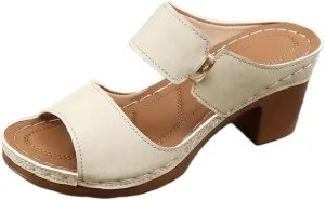 Ladies' thick-heeled sandals - open design, stitching details, artificial covering fabric, casual summer shoes, high heels