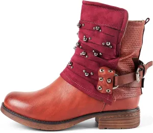 LALA IKAI Women's Combat Boots Motorcycle Ankle Fashion Boots with Studded Low Block Chunky Heels Biker Booties Shoes