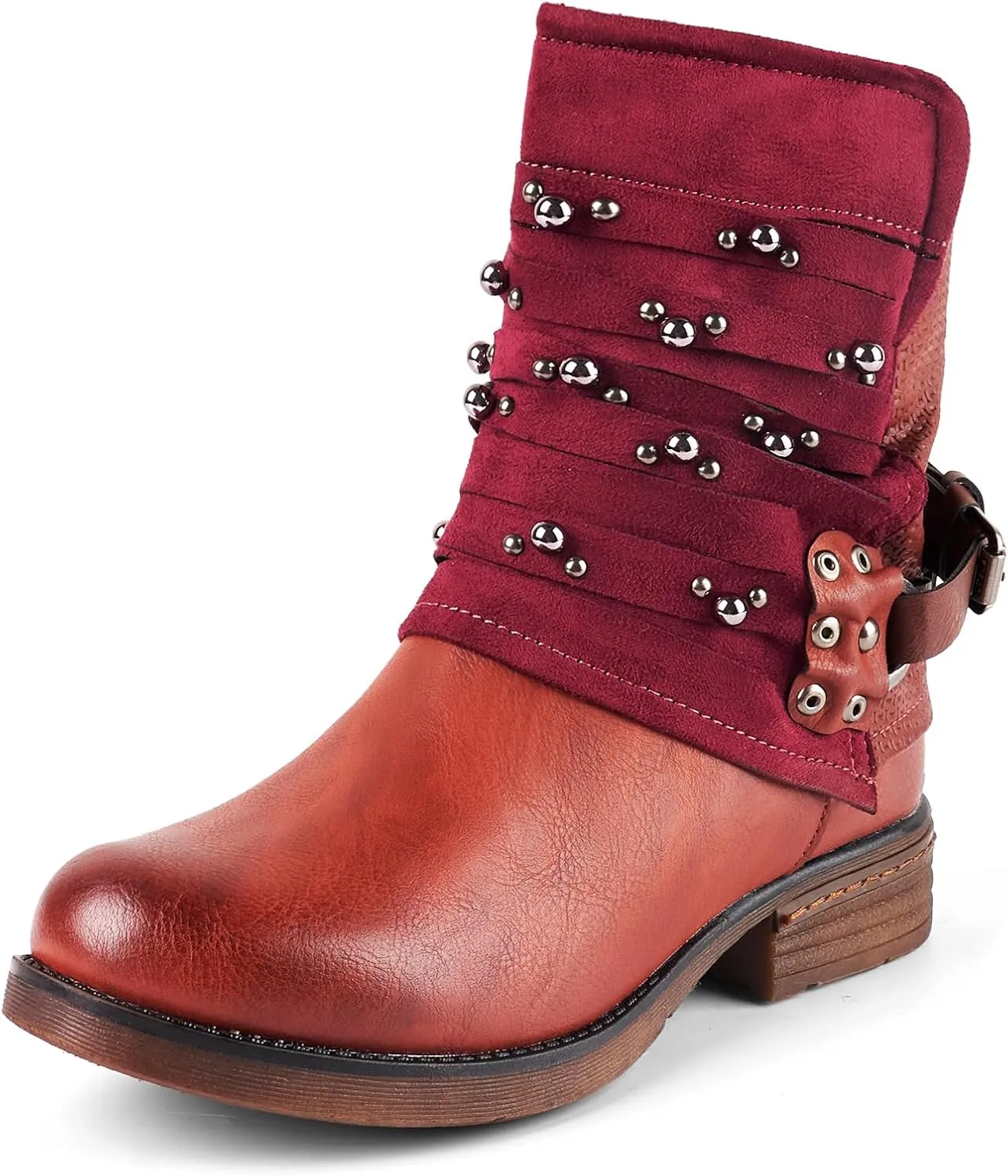 LALA IKAI Women's Combat Boots Motorcycle Ankle Fashion Boots with Studded Low Block Chunky Heels Biker Booties Shoes