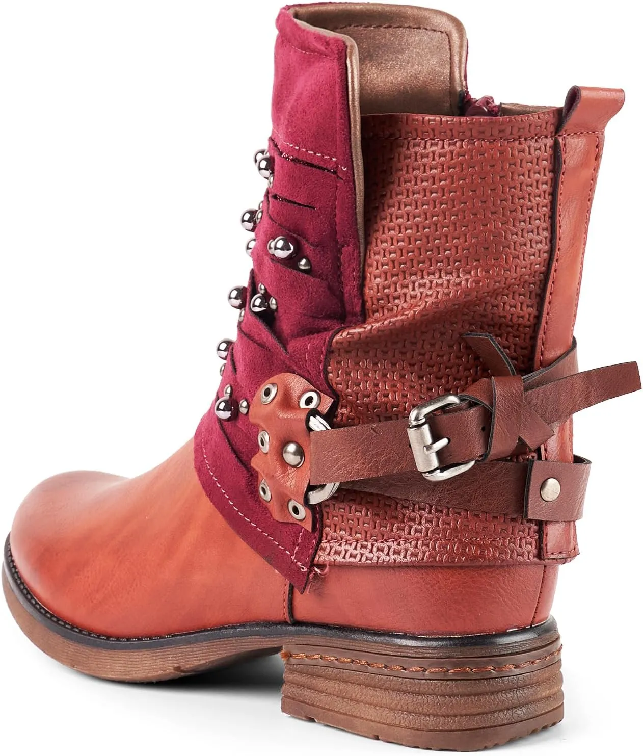 LALA IKAI Women's Combat Boots Motorcycle Ankle Fashion Boots with Studded Low Block Chunky Heels Biker Booties Shoes