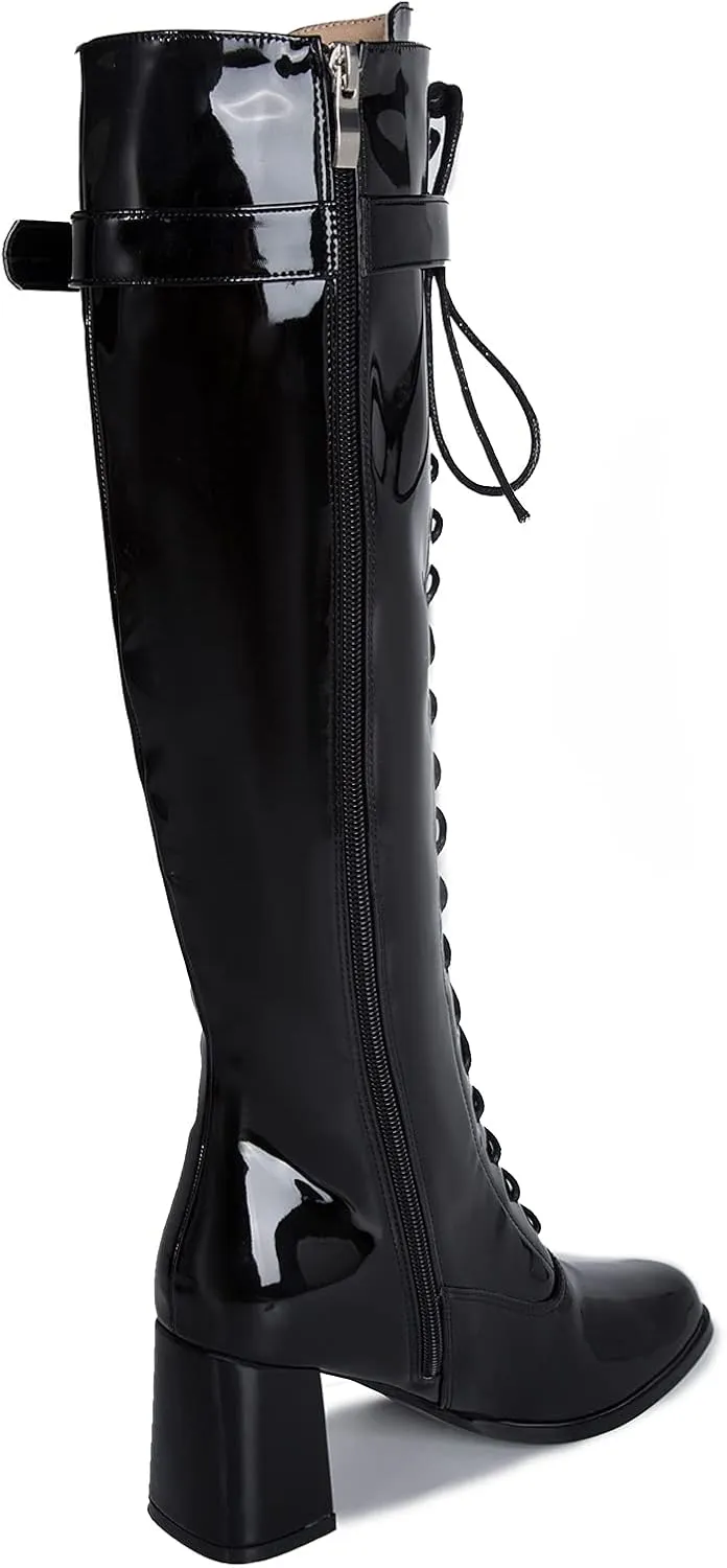 LIURUIJIA Women's Gogo Boots Lace up Knee High Block Heel Side Zipper Riding Boots