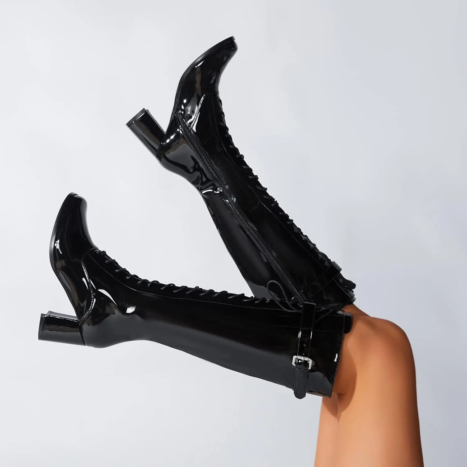 LIURUIJIA Women's Gogo Boots Lace up Knee High Block Heel Side Zipper Riding Boots