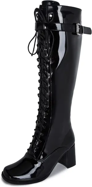 LIURUIJIA Women's Gogo Boots Lace up Knee High Block Heel Side Zipper Riding Boots
