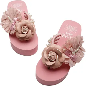 Loizziuy Pink Floral Slippers Summer Women's Sandals Elevated Heels Thick-Soled Platform Handcrafted Flower Decor for The Beach