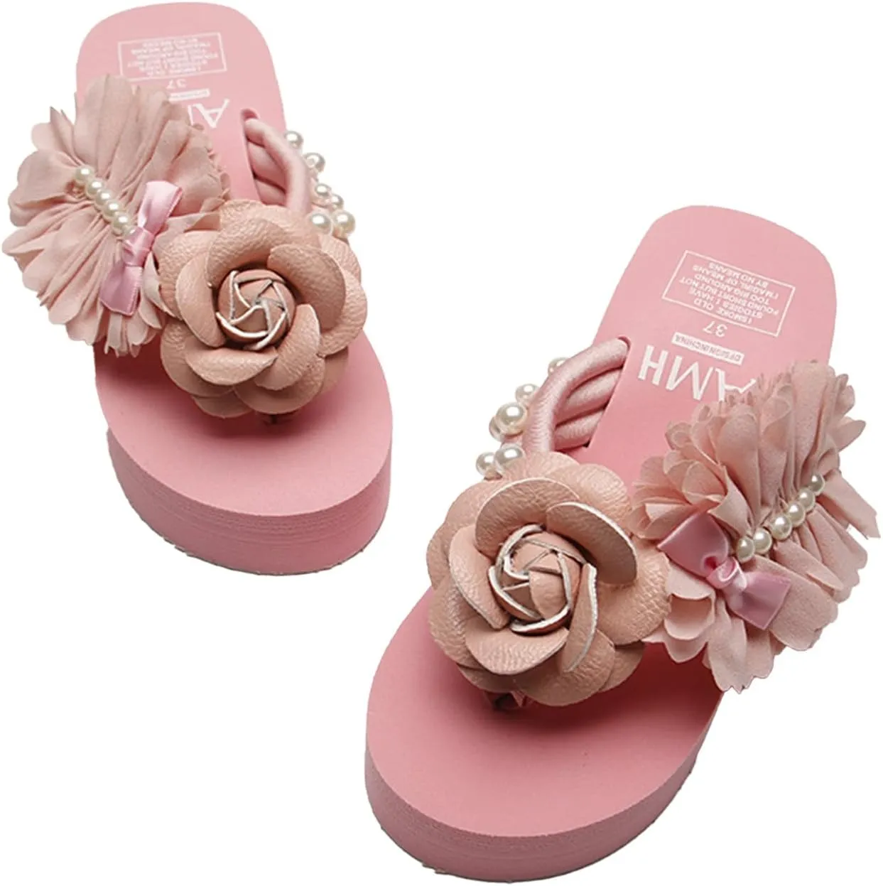 Loizziuy Pink Floral Slippers Summer Women's Sandals Elevated Heels Thick-Soled Platform Handcrafted Flower Decor for The Beach