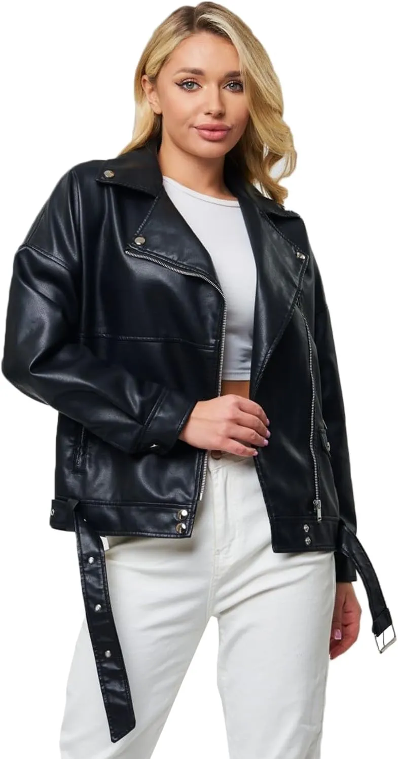 LY VAREY LIN Women Faux Leather Jacket Lapel Collar Motorcycle Zip Up Long Sleeve Motor Biker Short Coat Jacket