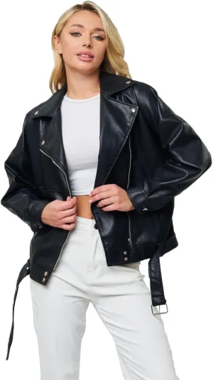 LY VAREY LIN Women Faux Leather Jacket Lapel Collar Motorcycle Zip Up Long Sleeve Motor Biker Short Coat Jacket