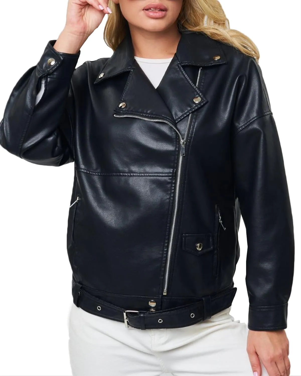 LY VAREY LIN Women Faux Leather Jacket Lapel Collar Motorcycle Zip Up Long Sleeve Motor Biker Short Coat Jacket