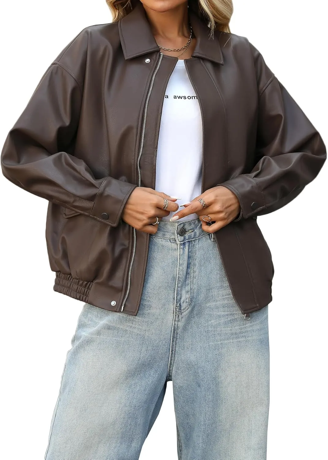 LY VAREY LIN Women Faux Leather Jacket Lapel Collar Motorcycle Zip Up Long Sleeve Motor Biker Short Coat Jacket