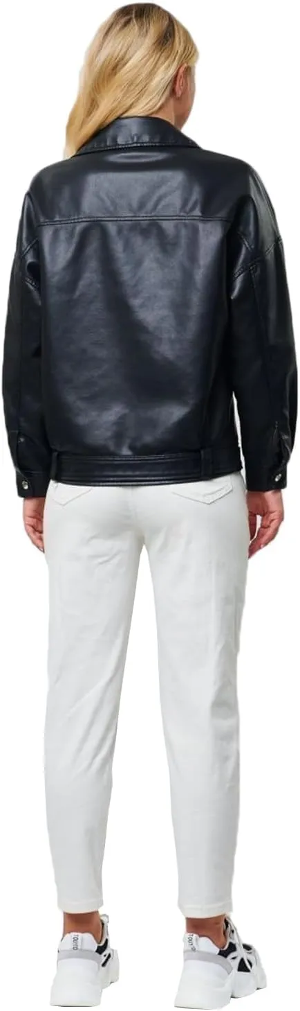 LY VAREY LIN Women Faux Leather Jacket Lapel Collar Motorcycle Zip Up Long Sleeve Motor Biker Short Coat Jacket