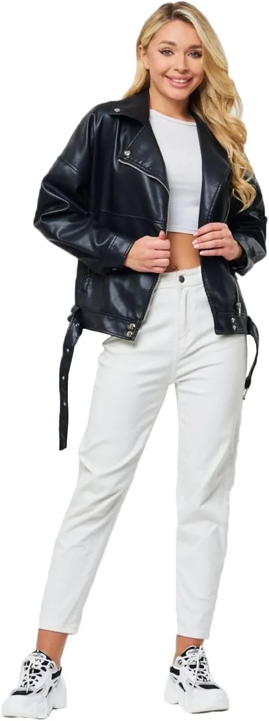 LY VAREY LIN Women Faux Leather Jacket Lapel Collar Motorcycle Zip Up Long Sleeve Motor Biker Short Coat Jacket