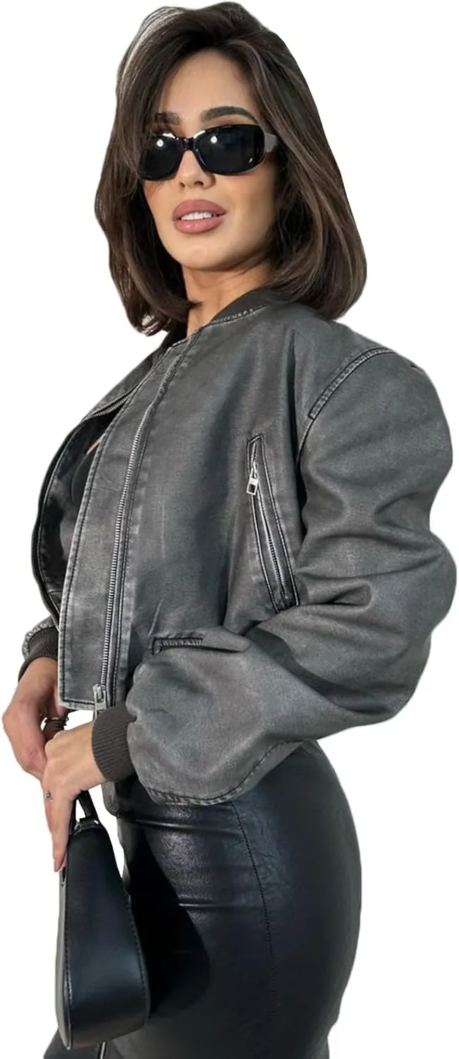 LY VAREY LIN Womens Faux Leather Varsity Jacket Biker Baseball Streetwear Casual Coat