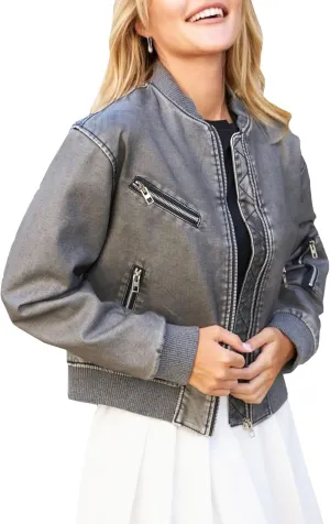 LY VAREY LIN Womens Faux Leather Varsity Jacket Biker Baseball Streetwear Casual Coat
