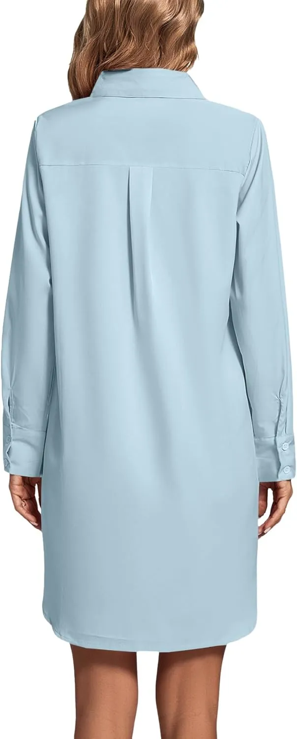 LYANER Women's Collar V Neck Button Down Long Sleeve Cruved Hem Shirt Dresses with Pockets
