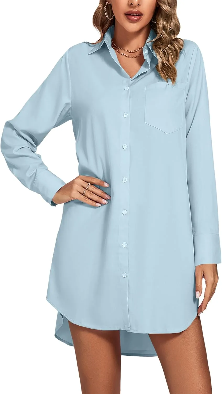 LYANER Women's Collar V Neck Button Down Long Sleeve Cruved Hem Shirt Dresses with Pockets