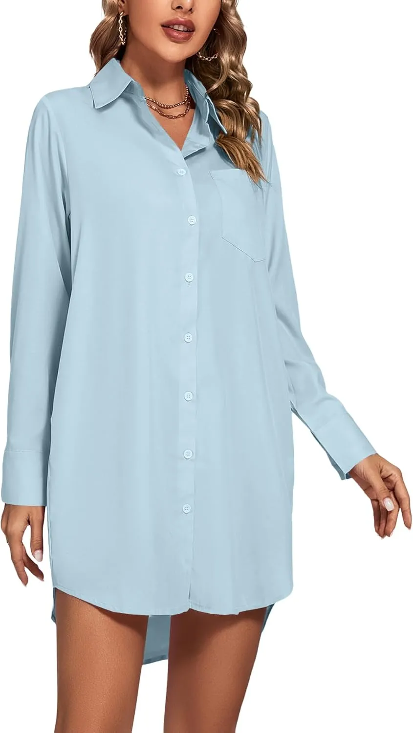 LYANER Women's Collar V Neck Button Down Long Sleeve Cruved Hem Shirt Dresses with Pockets