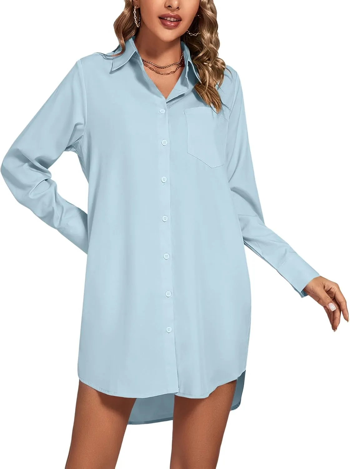 LYANER Women's Collar V Neck Button Down Long Sleeve Cruved Hem Shirt Dresses with Pockets