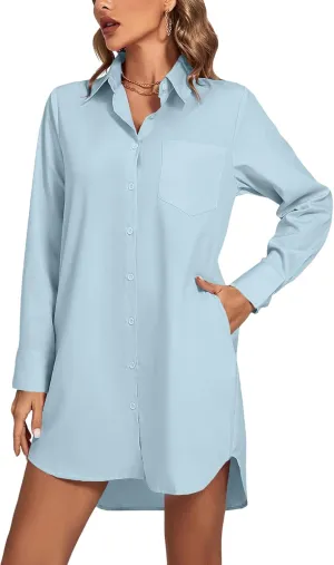 LYANER Women's Collar V Neck Button Down Long Sleeve Cruved Hem Shirt Dresses with Pockets
