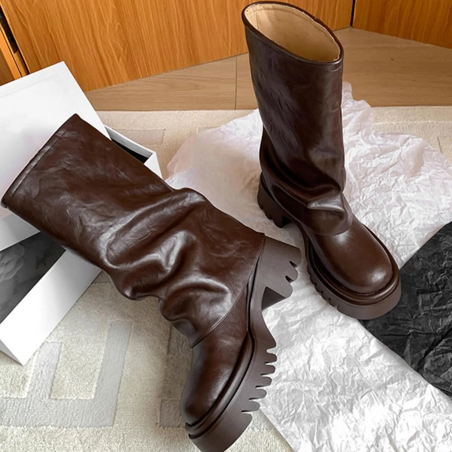 MAVMAX Mid Calf Boots for Women Fold Over Zipper Buckle Riding Boots Wide Calf Platform Tall Boots Cowboy Biker Motorcycle Boots