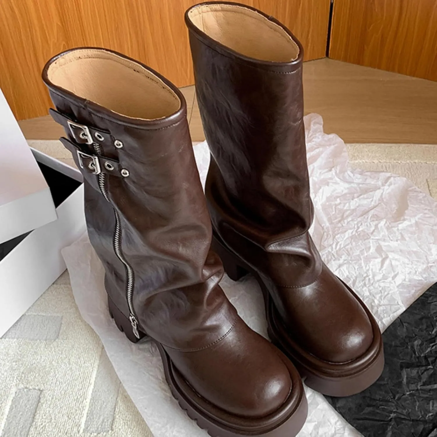 MAVMAX Mid Calf Boots for Women Fold Over Zipper Buckle Riding Boots Wide Calf Platform Tall Boots Cowboy Biker Motorcycle Boots