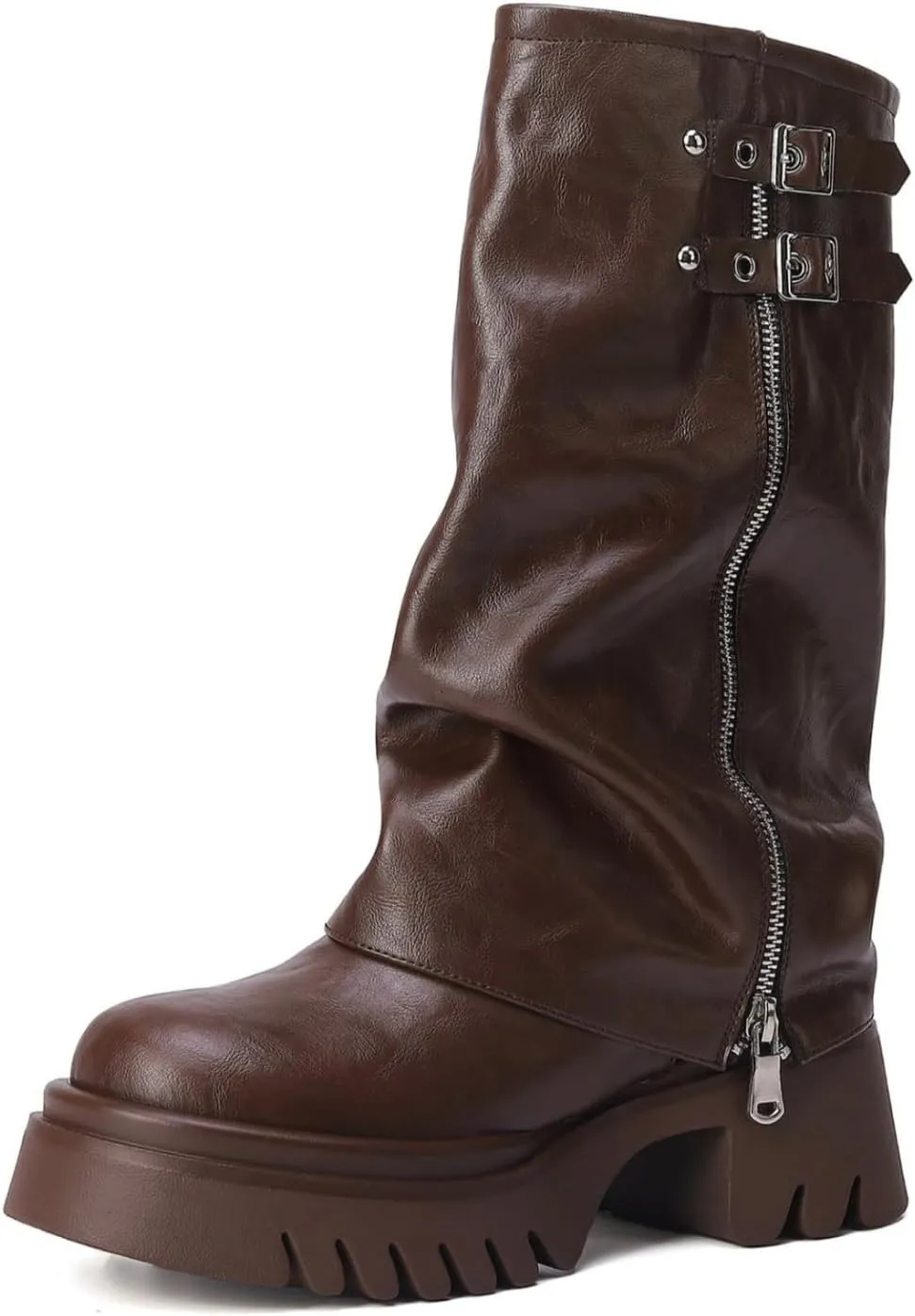 MAVMAX Mid Calf Boots for Women Fold Over Zipper Buckle Riding Boots Wide Calf Platform Tall Boots Cowboy Biker Motorcycle Boots