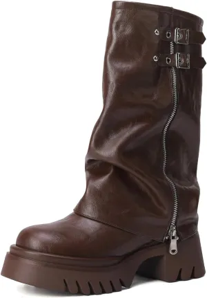 MAVMAX Mid Calf Boots for Women Fold Over Zipper Buckle Riding Boots Wide Calf Platform Tall Boots Cowboy Biker Motorcycle Boots