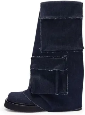 MAVMAX Women Fold Over Knee High Boots Casual Round Toe Coverd Slouched Leather Pull On Wide Calf Chunky Low Heel Platform Boots