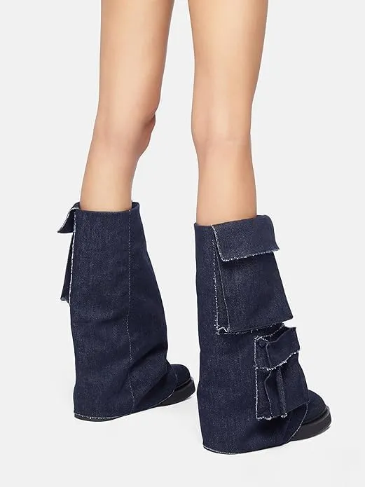 MAVMAX Women Fold Over Knee High Boots Casual Round Toe Coverd Slouched Leather Pull On Wide Calf Chunky Low Heel Platform Boots