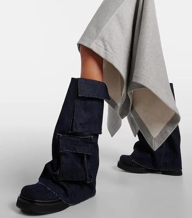 MAVMAX Women Fold Over Knee High Boots Casual Round Toe Coverd Slouched Leather Pull On Wide Calf Chunky Low Heel Platform Boots