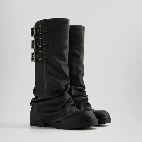 MAVMAX Women Slouchy Knee High Boots Casual Round Toe Pull On Riding Biker Boots Fold Over Chunky Low Heel Platform Boot