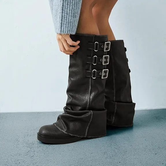 MAVMAX Women Slouchy Knee High Boots Casual Round Toe Pull On Riding Biker Boots Fold Over Chunky Low Heel Platform Boot
